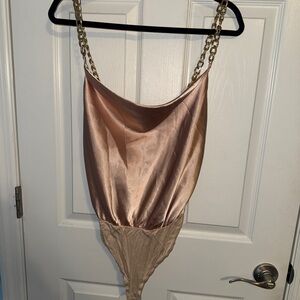 Chain Strap Satin Bodysuit - Tan